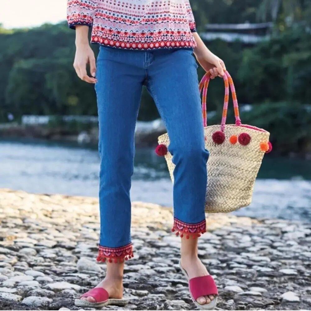 Boden Cambridge Ankle Skimmer Jeans 14 Embroidered Pom Pom Hem Boho Cropped